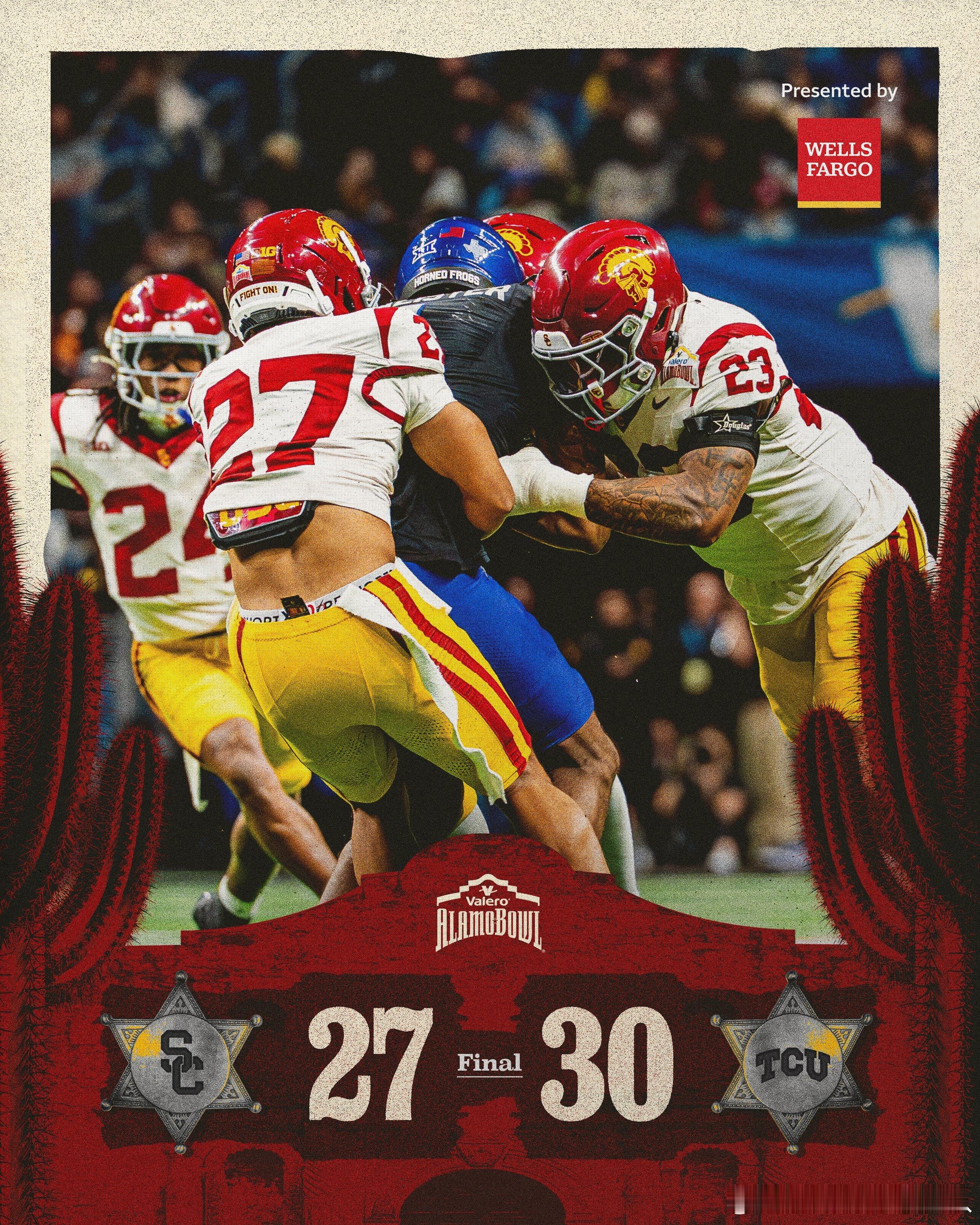 在今天结束的NCAA橄榄球Valero Alamo Bowl比赛中，USC以27