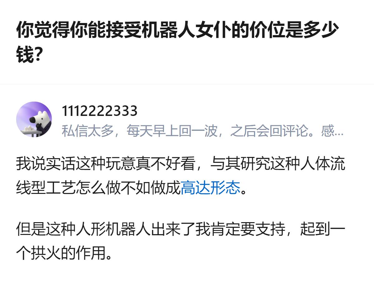 针对机器人女仆的价位问题，有人觉得这类人形机器人的外观工艺没必要纠结，不如做成高