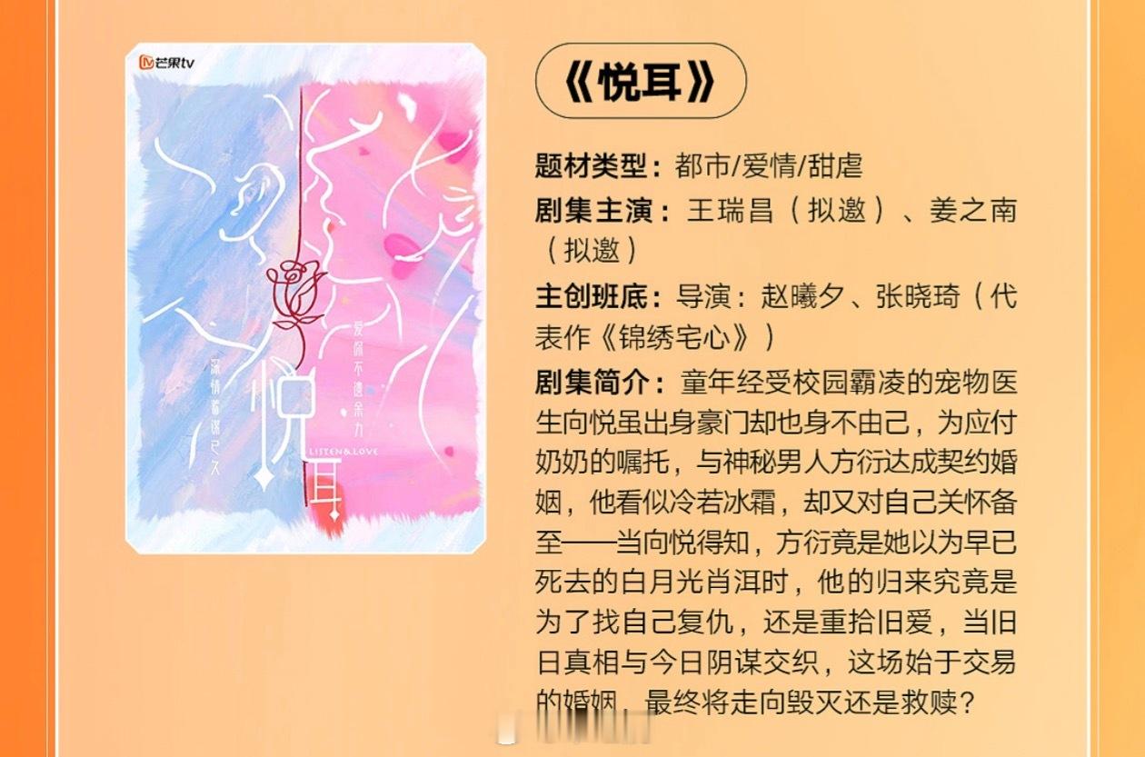 芒果TV都市剧《悦耳》王瑞昌、姜之南（拟邀）简介：童年经受校园霸凌的宠物医生向悦