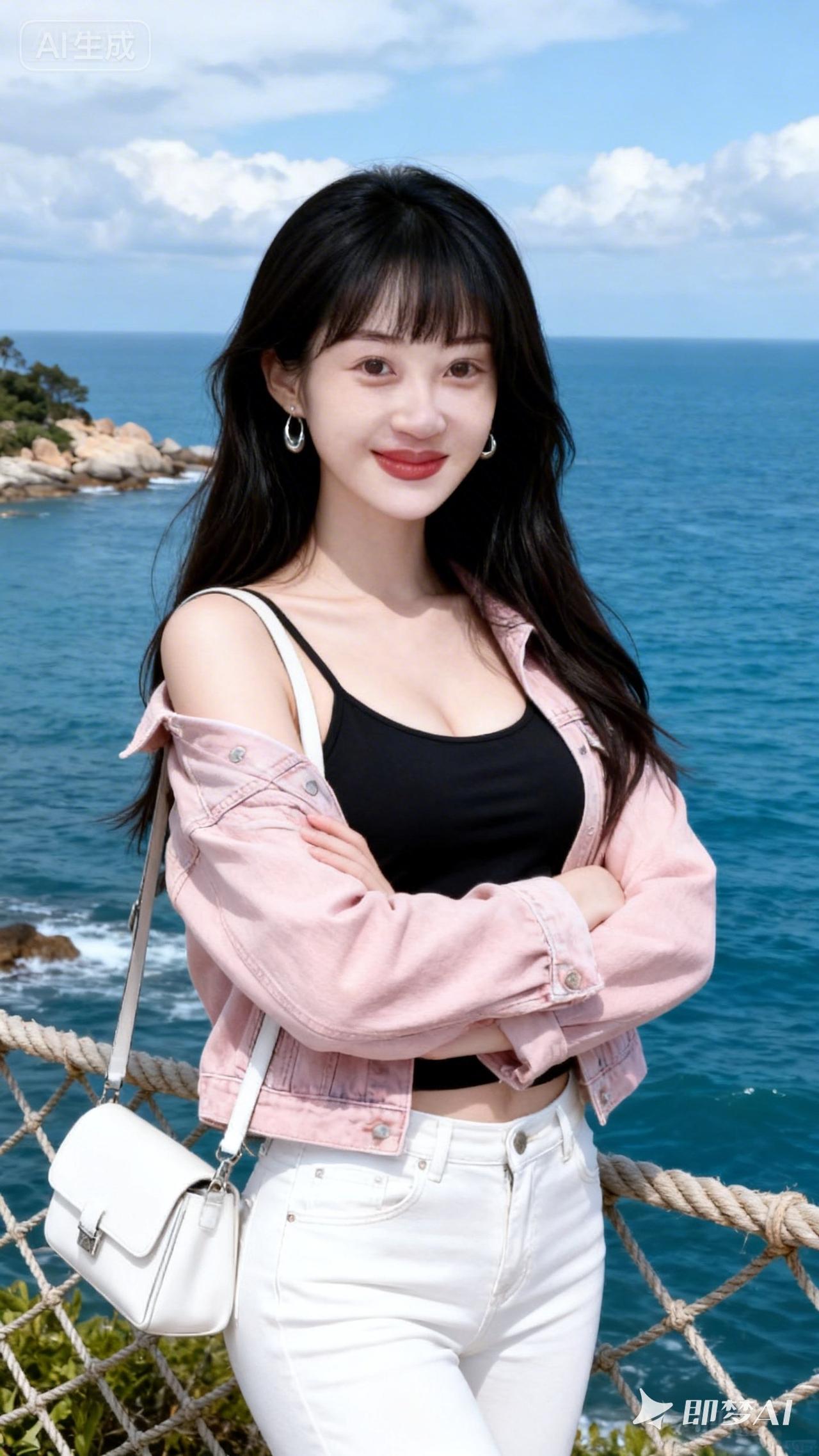 海边美女，穿粉色外套，笑容甜美。