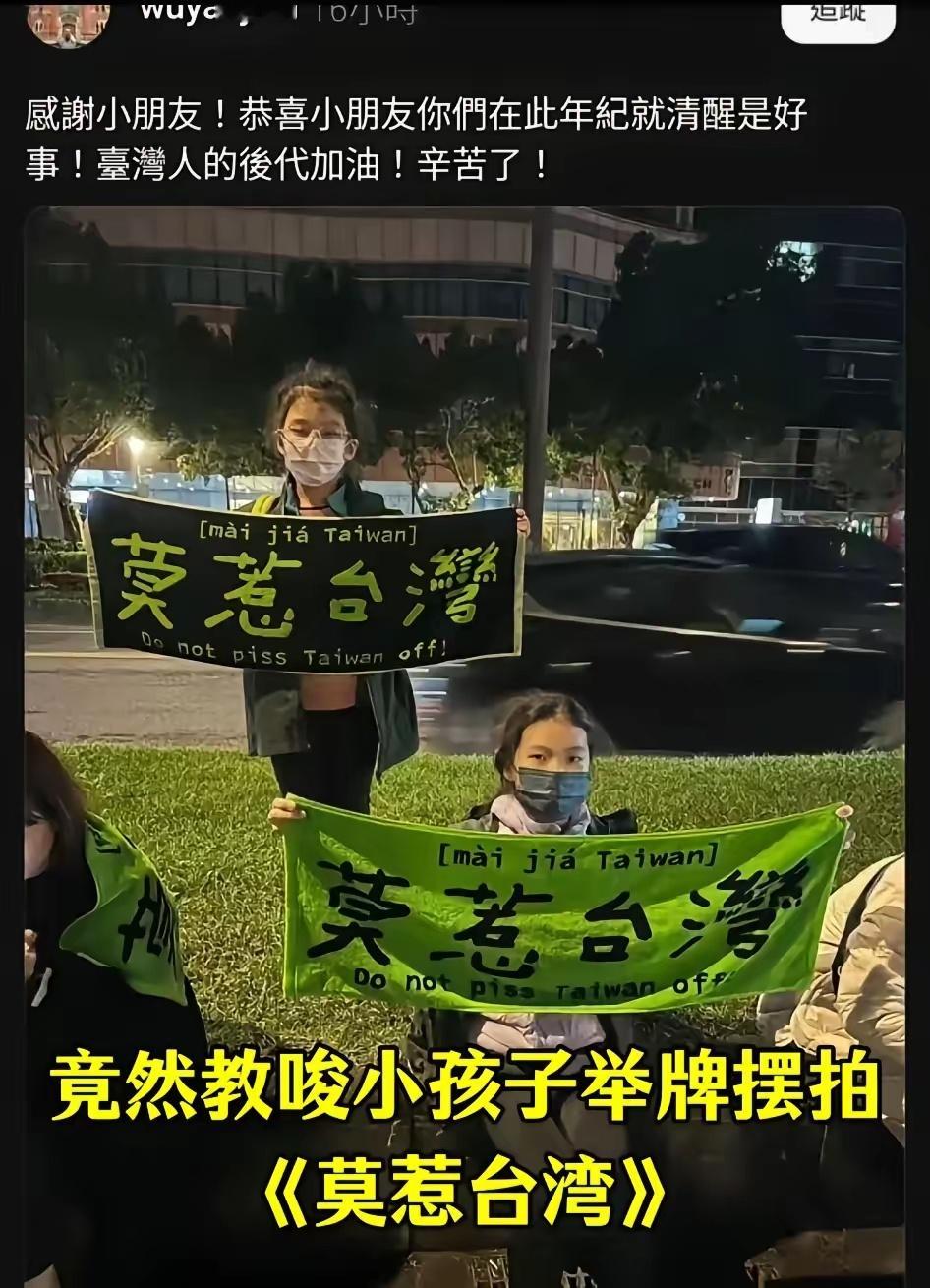 台湾绿营教唆小孩子举牌摆拍“莫惹台湾”，这些背后的成年人又蠢又坏又怂！拿孩子挡事
