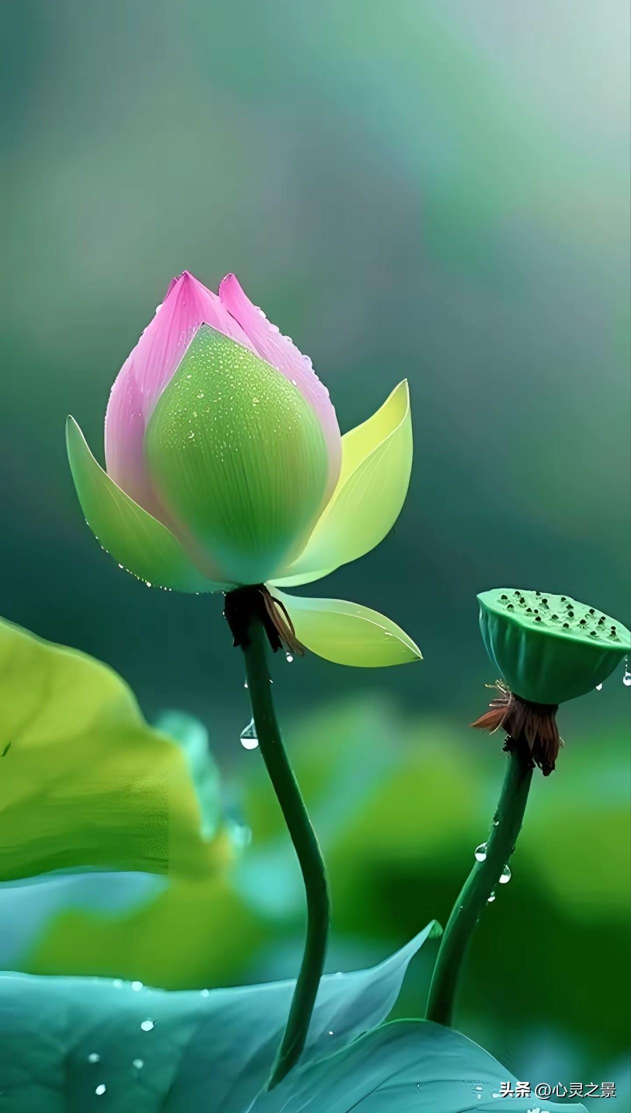 谁能拒绝这般干净的雨后荷苞！
水珠凝在花瓣上，绿影温柔，氛围感直接拉满。
荷花从