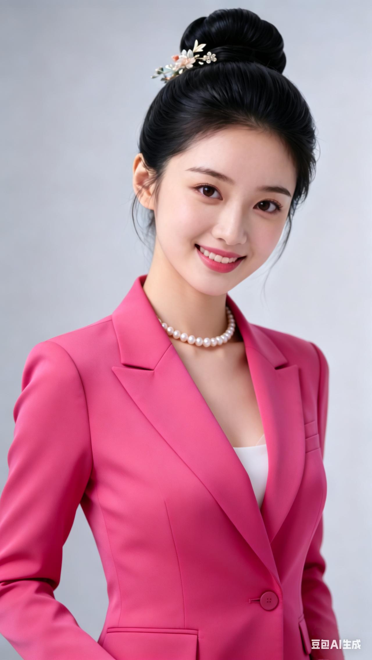 美女身着粉色西装，内搭简约白衫，颈间大珍珠项链温润亮眼。秀发高挽成髻，清丽浅笑，