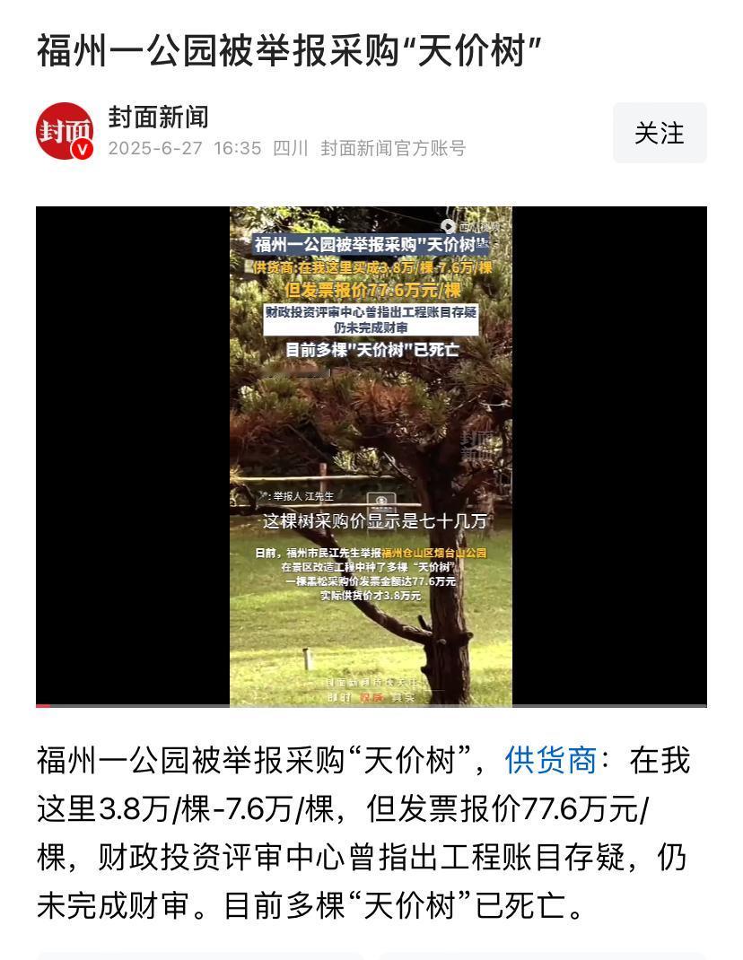 福州现在经济强了，搞绿化出手也是真大方，某公园采购一棵树要几十万，施工方那是真舍