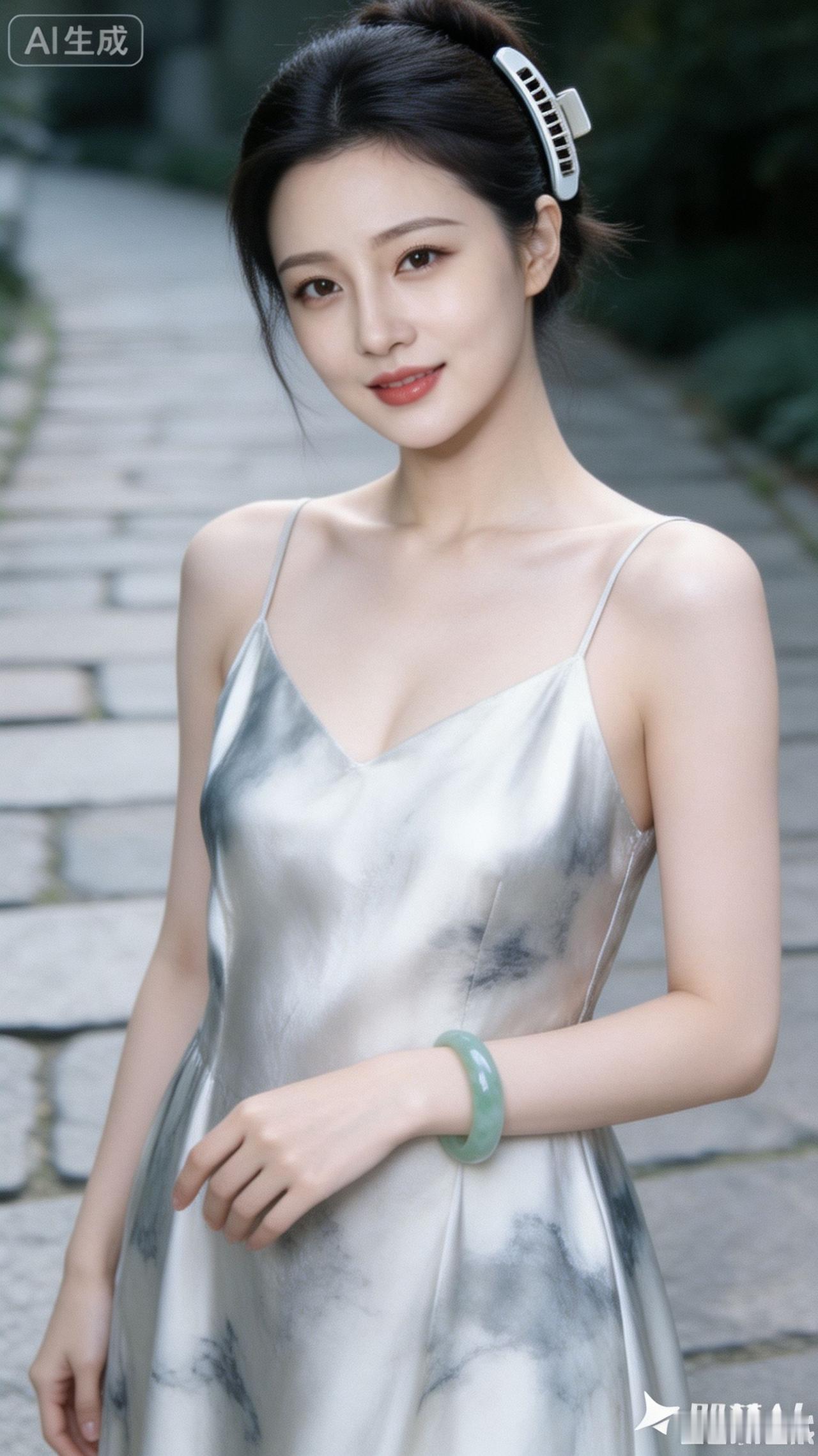 这姑娘穿着漂亮裙子，笑得真甜。