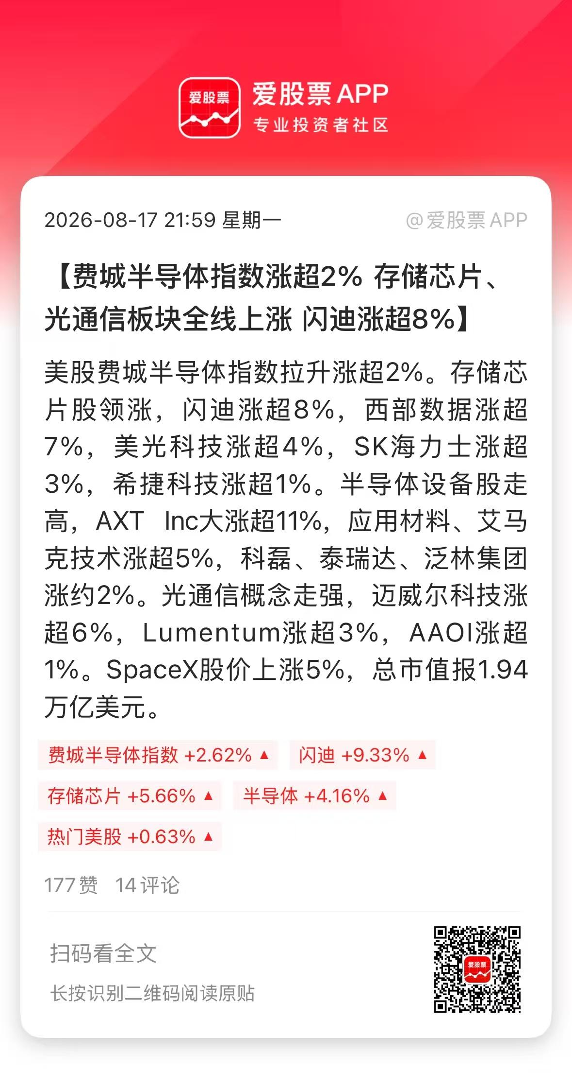 今晚美股打酱油，但费城半导体指数涨超2%，存储芯片、光通信集体大涨！但SK海力士
