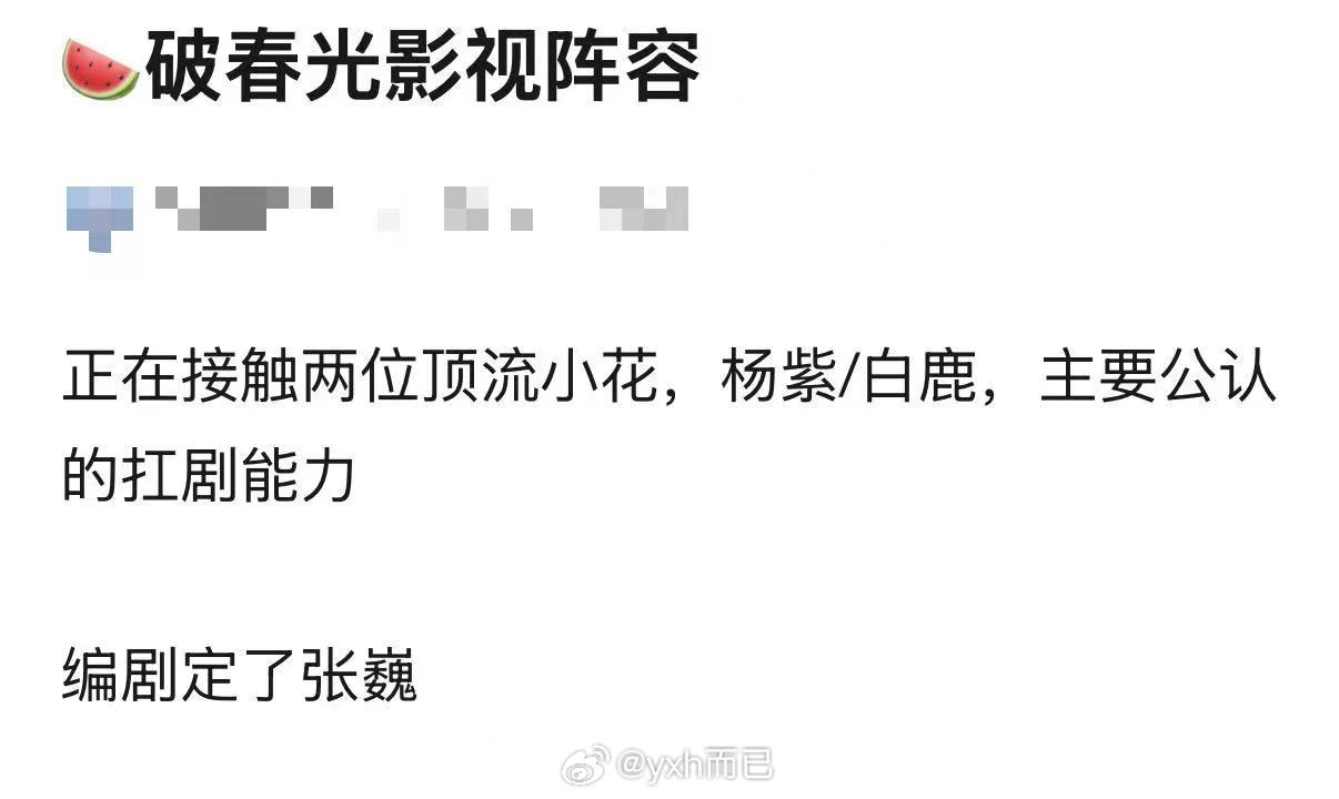网传破春光接触了杨紫和白鹿，编剧定了张巍，两位都是扛剧花。 