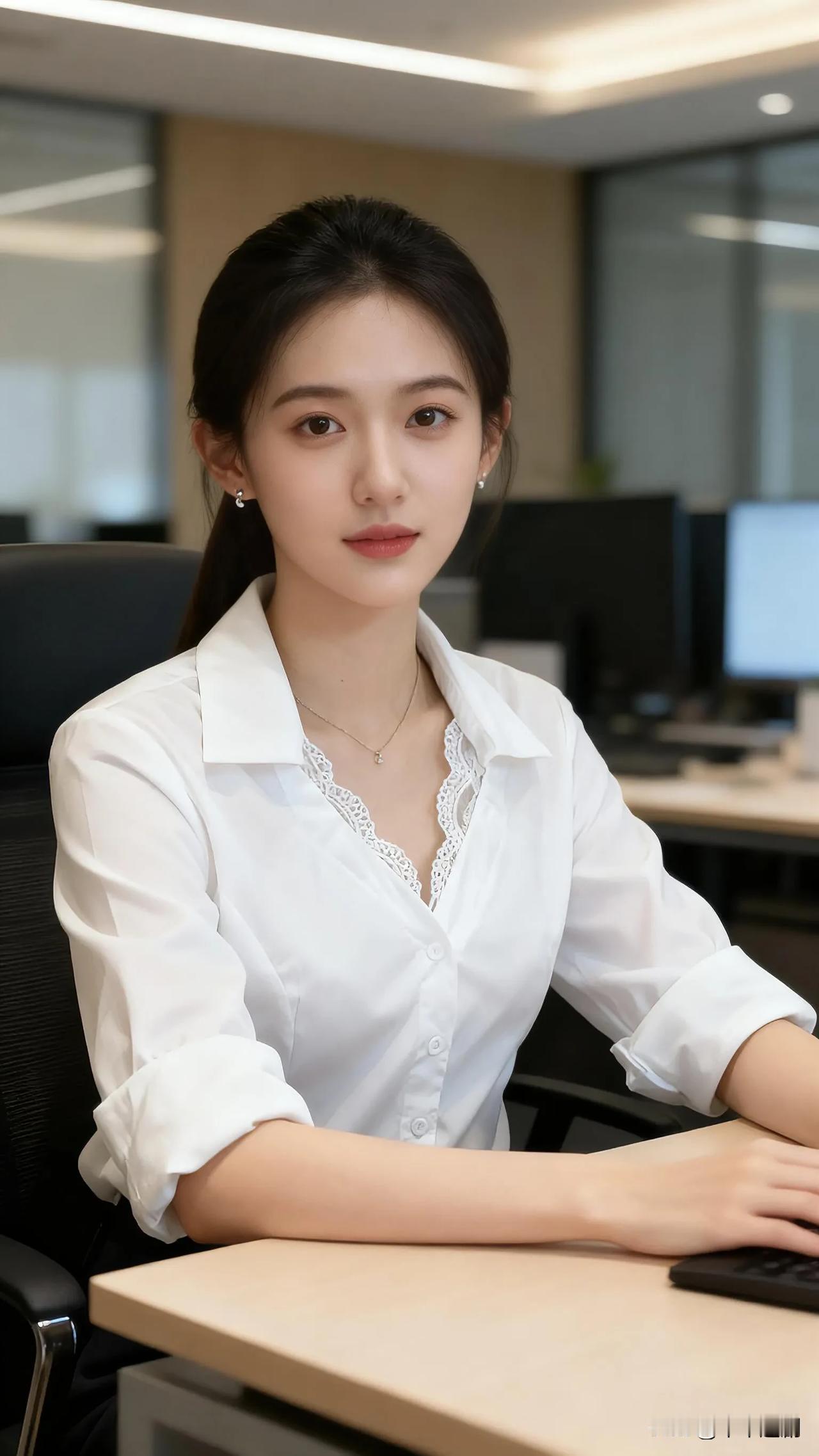 白衫缀着蕾丝边，细链垂在工位的光里。指尖落向键盘时，连职场的风都柔了半分。