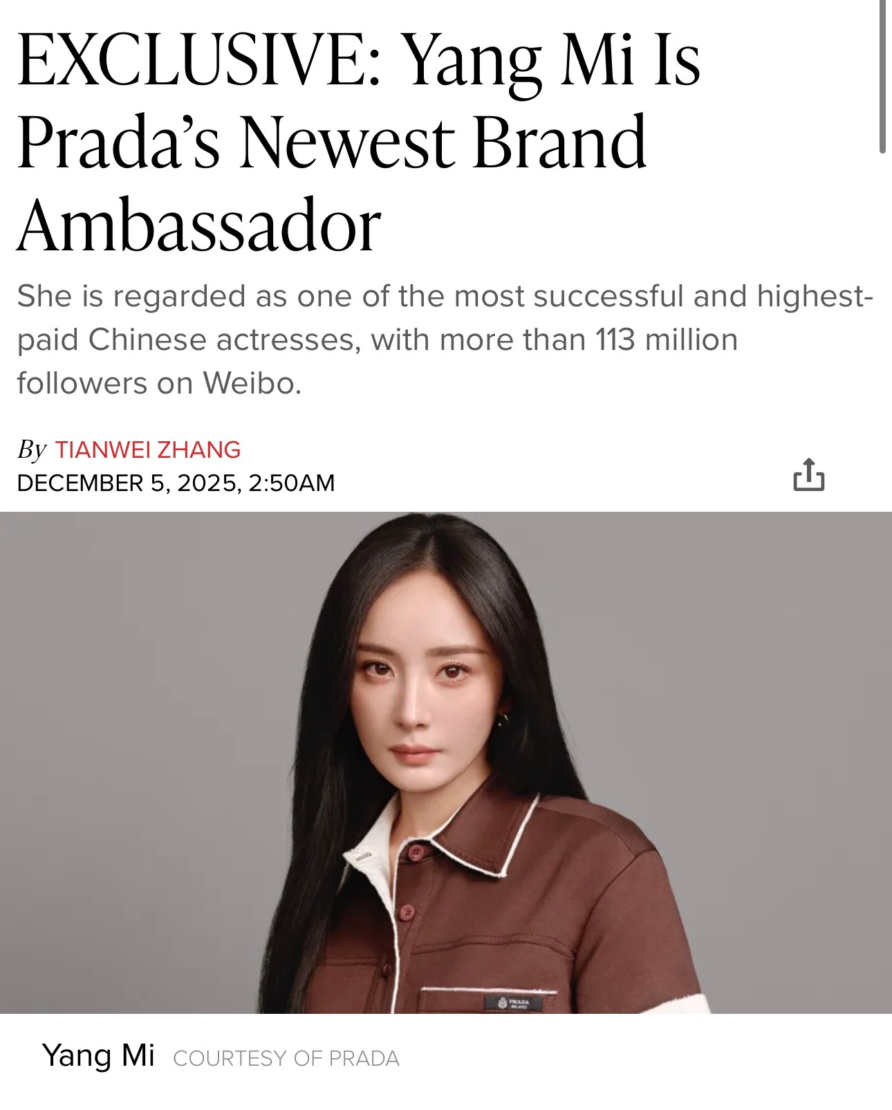 杨幂 ｜PRADA Brand Ambassador 来自 WWD 首发报道，演