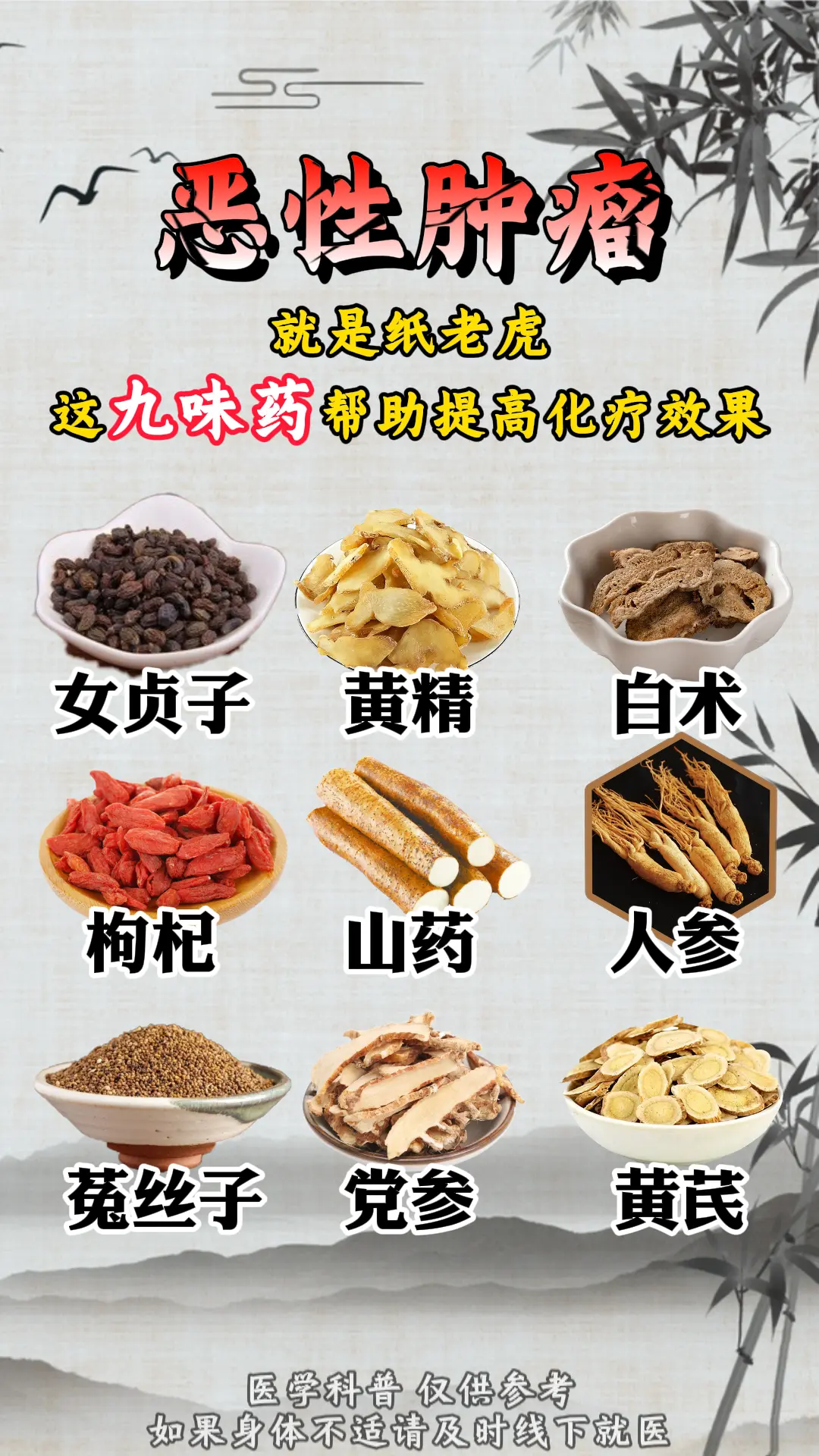 恶性肿瘤，就是纸老虎！。这九味药，就是化疗效果的放大器，让化疗事半功倍！