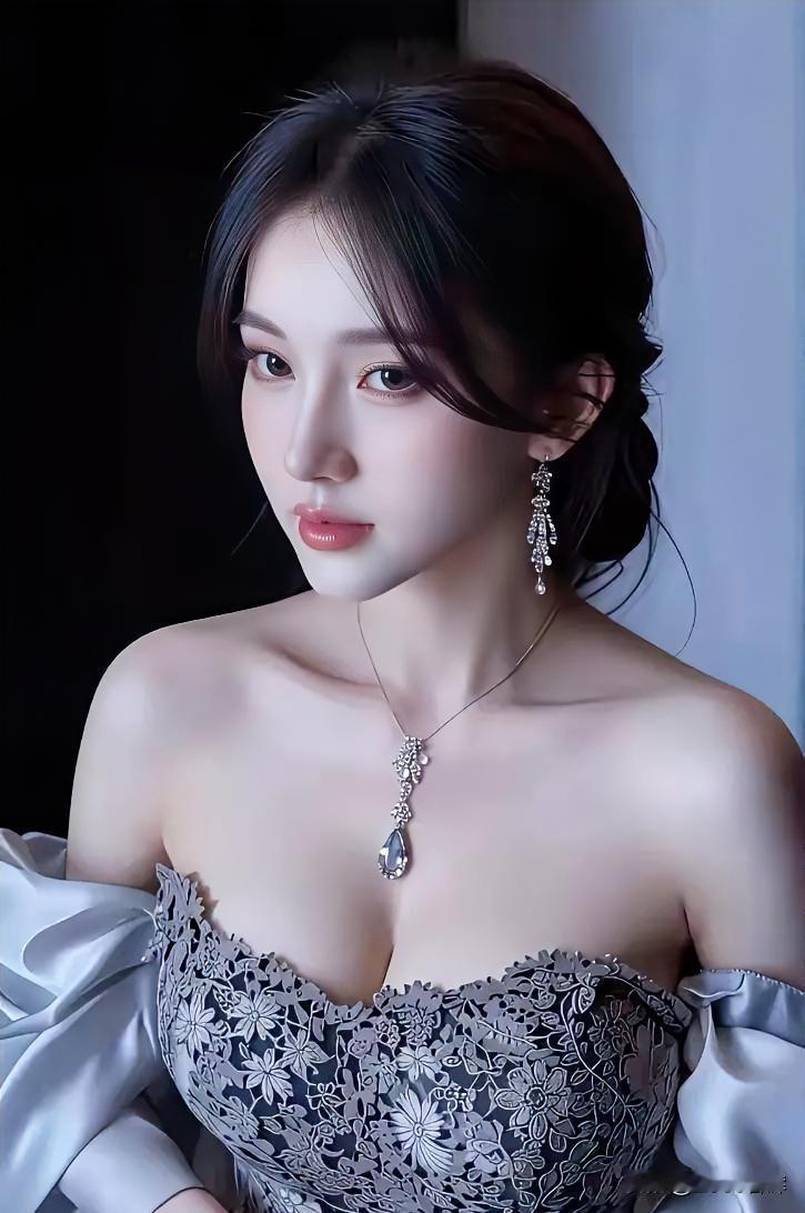 暗夜揉碎成蕾丝的纹，

露肩裙盛着月光的银。

珍珠垂落，碎钻流转，

颈间坠着