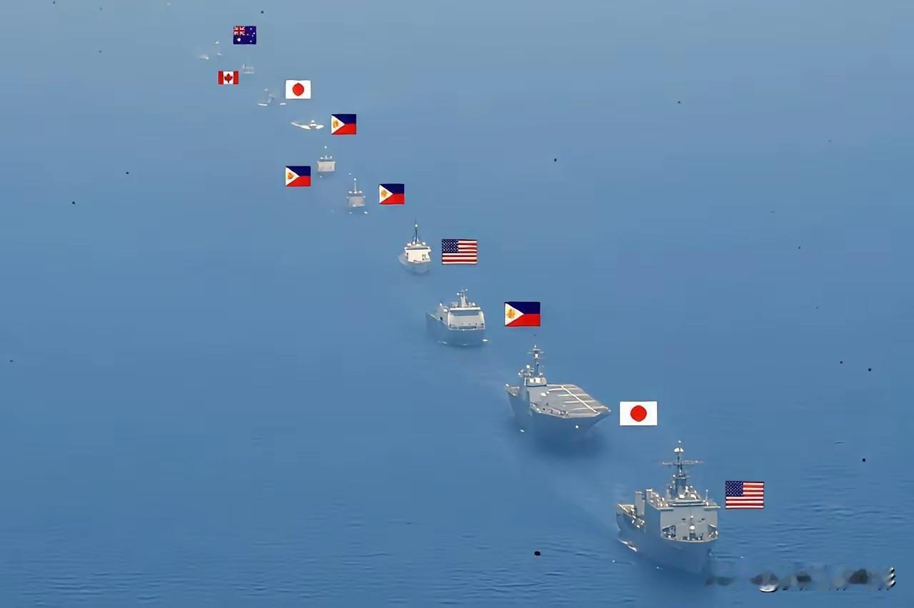 美、日、菲、澳、法、加、新七国举行“肩并肩”联合演习，以中国为假想敌。

这阵仗