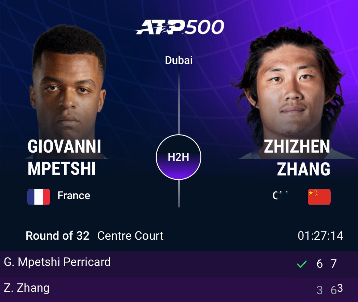 ATP500迪拜站首轮，张之臻以3-6/6-7(3)不敌法国大炮佩里卡德，无缘第