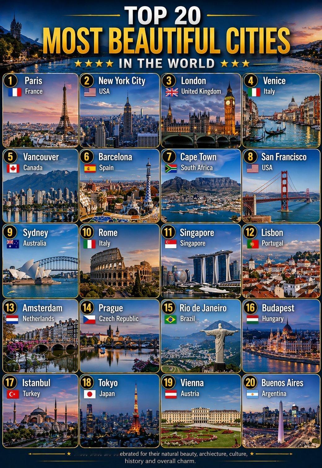 🌆 全球最美的20大城市：① 🇫🇷 法国 巴黎② 🇺🇸 美国 纽约市③