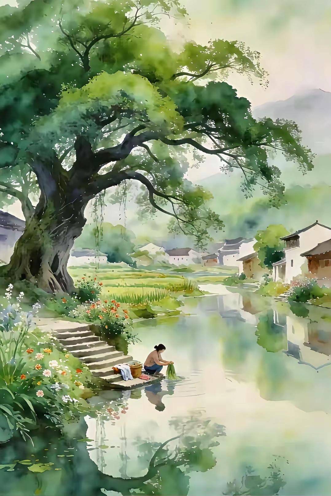 四块玉·溪村浣衣
苍榕长，清溪漾，
浣女临流捣衣忙，
黛瓦村烟连远嶂。
景韵长，