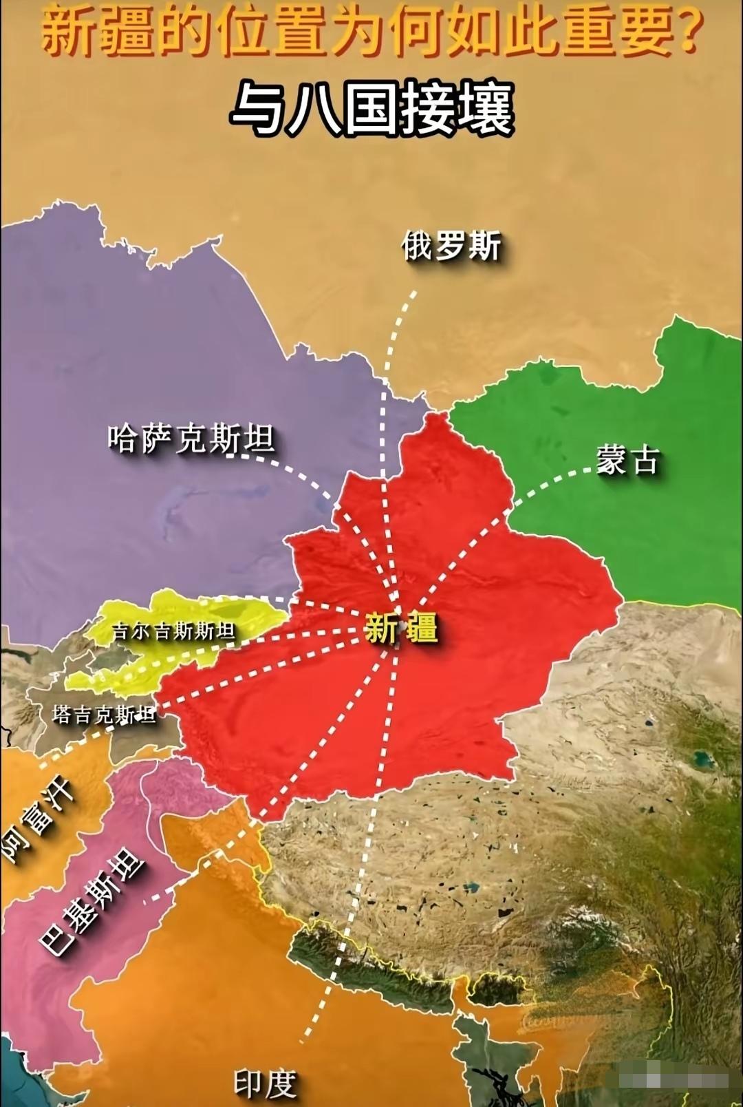 新疆的重要不仅体现在他的面积够大，更重要的是他的地理位置！
 
新疆的战略价值从