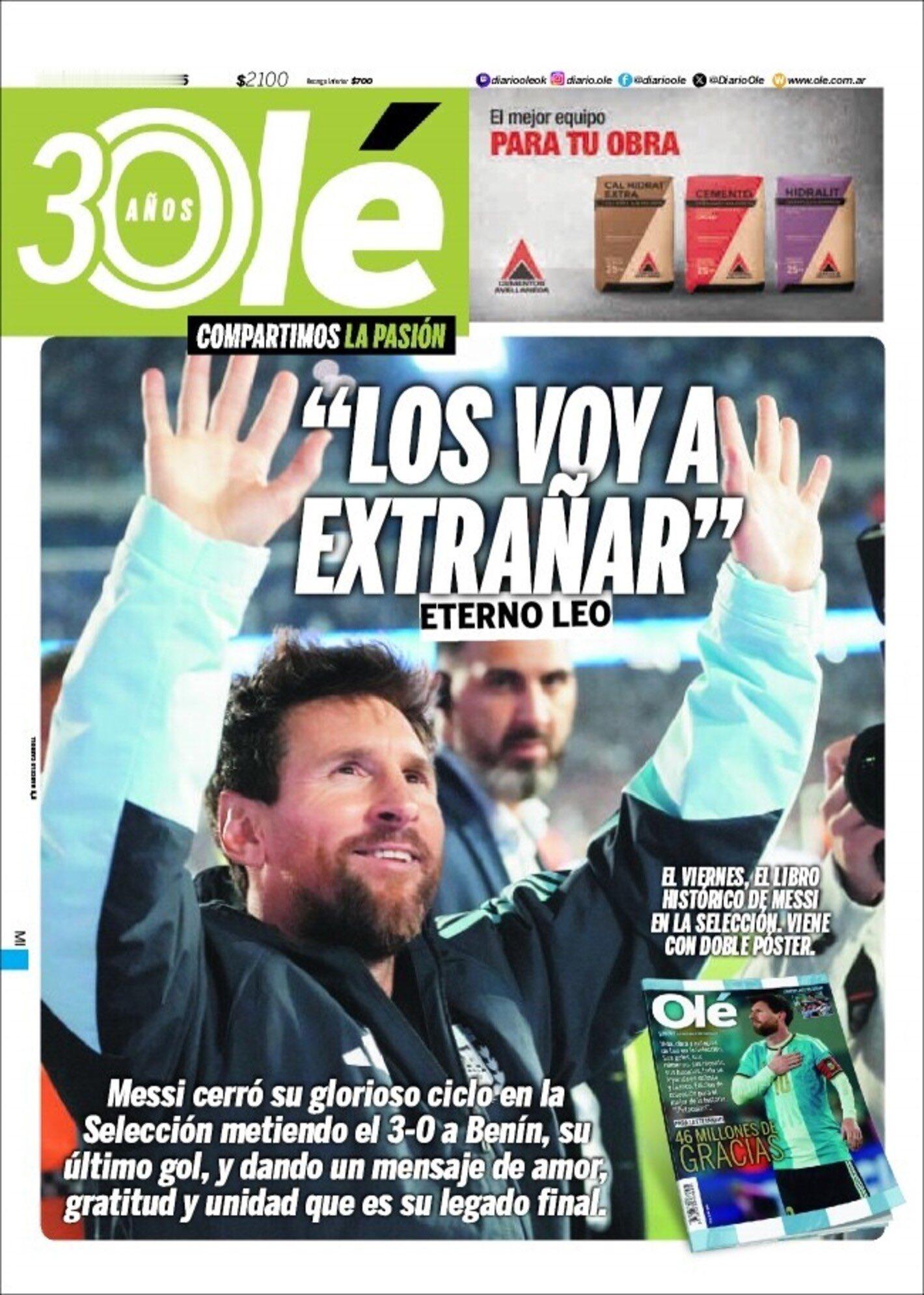 梅西国家队告别赛 【"永远的梅西"】🇦🇷©️一些报纸封面报道：✅《阿斯报》封