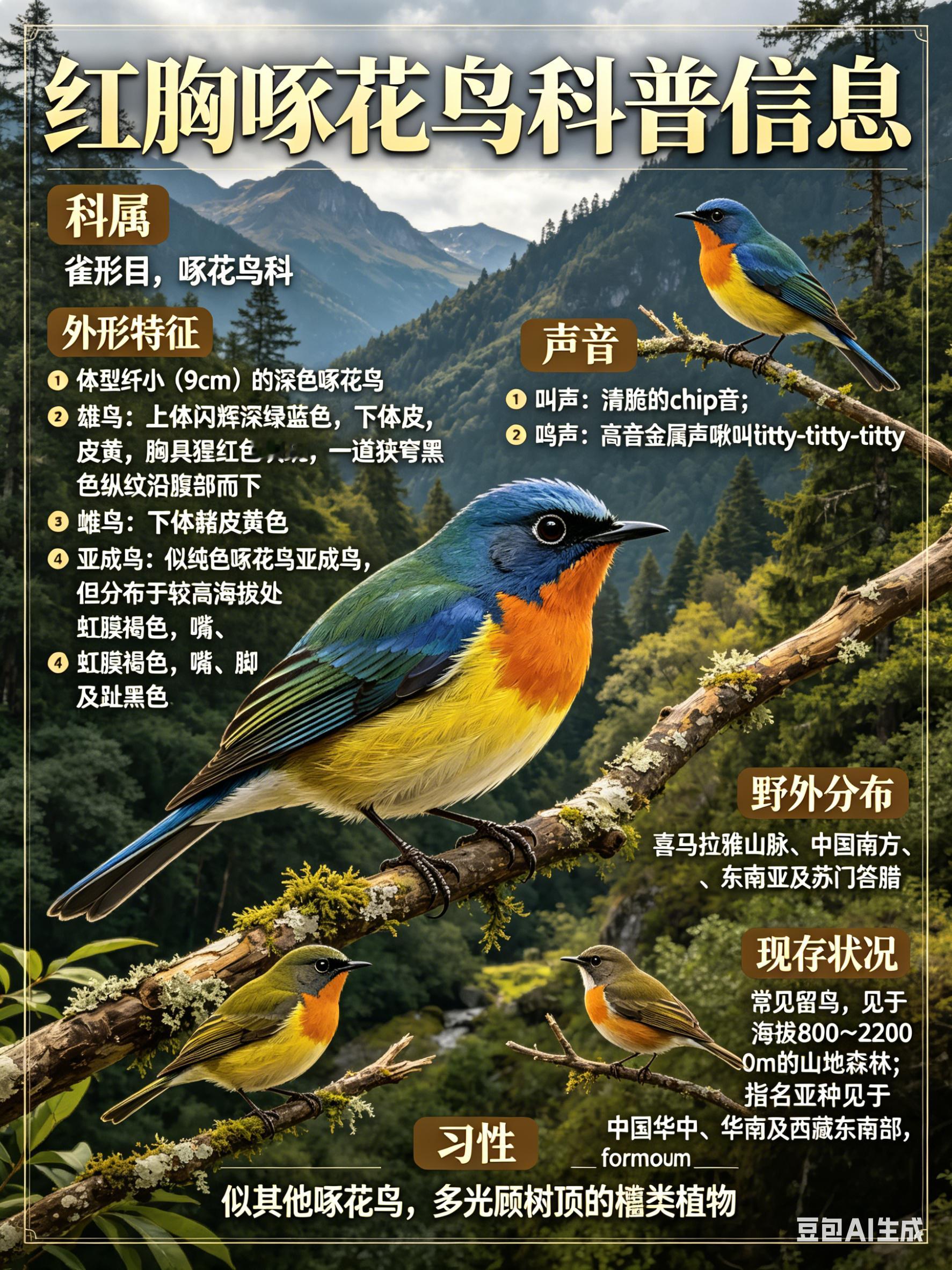 鸟类朋友图鉴 红胸啄花鸟·科属：雀形目，啄花鸟科。·外形特征：体型纤小（9cm）