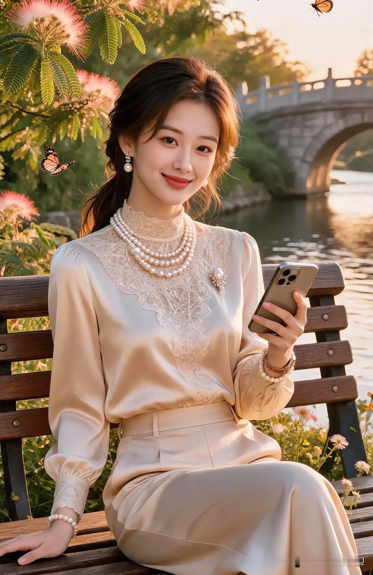 暖阳倾洒，繁花轻舞。她静坐湖畔，身着柔纱，珍珠绕颈，笑意温婉。蝶影翩跹伴身侧，如