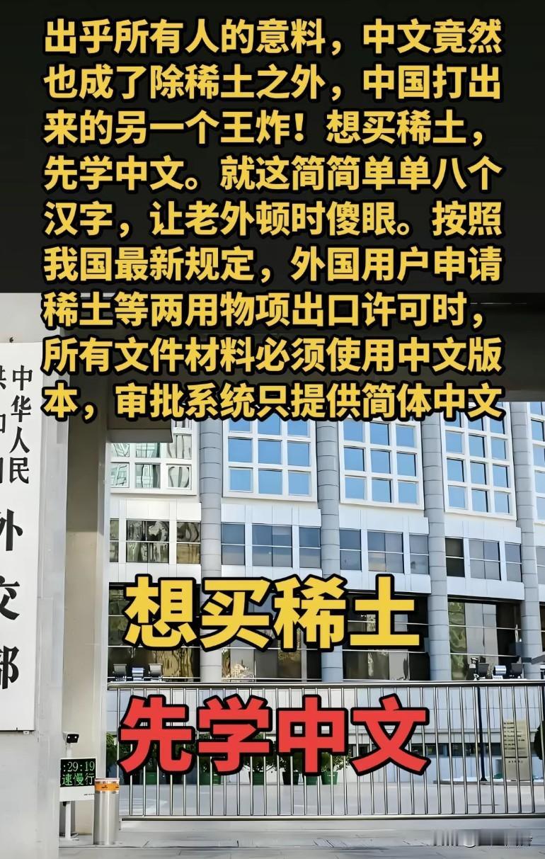 出乎所有人的意料，中文竟然也成了除稀土之外，中国打出来的另一个王炸!想买稀土，先