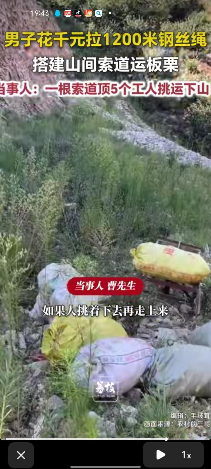 9月4日，山东临沂。男子花千元拉1200米钢丝绳，搭建山间索道运板栗，两头捆的直