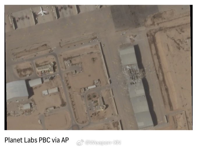 #兵器影像[超话]# 卫星图像显示，伊朗导弹击中并损坏了以色列内瓦蒂姆空军基地的