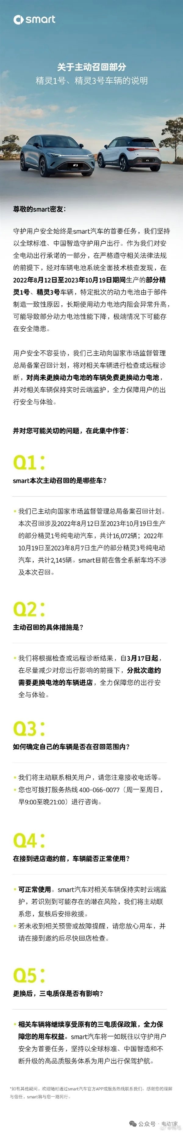 车市热门 快科技3月11日消息，smart发布主动召回公告，因特定批次动力电池存