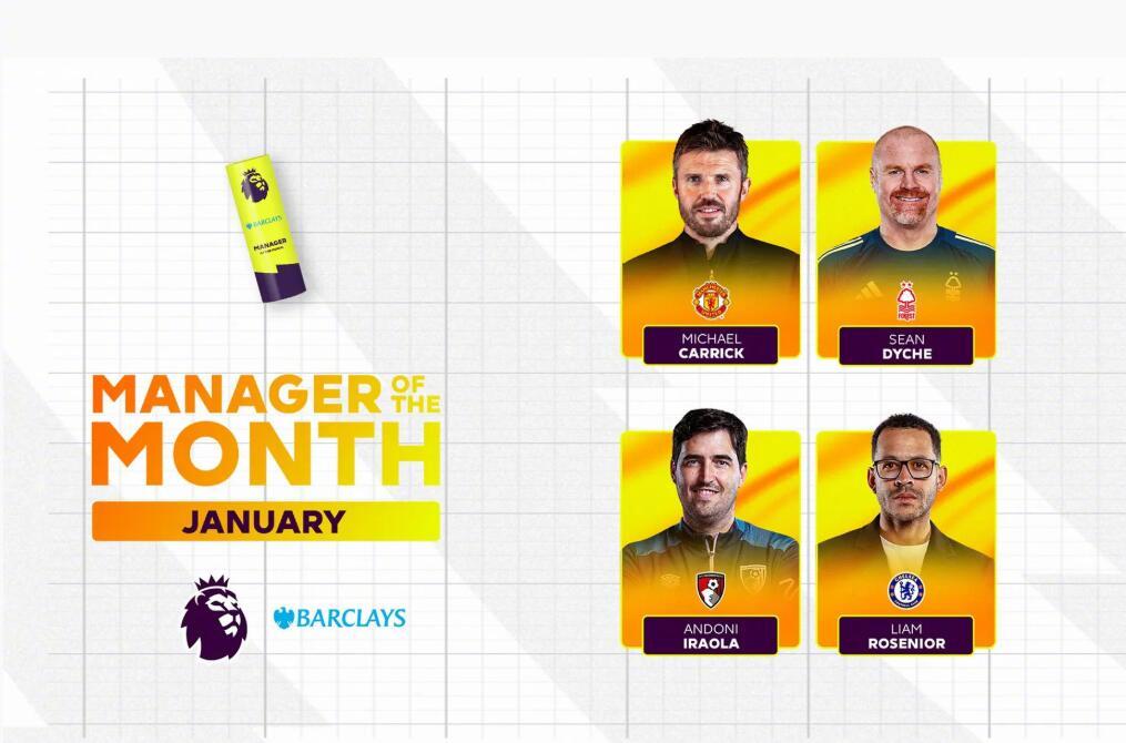 英超官方公布了1月最佳主帅候选名单。卡里克（曼联）：2场2胜戴奇（诺丁汉森林）：