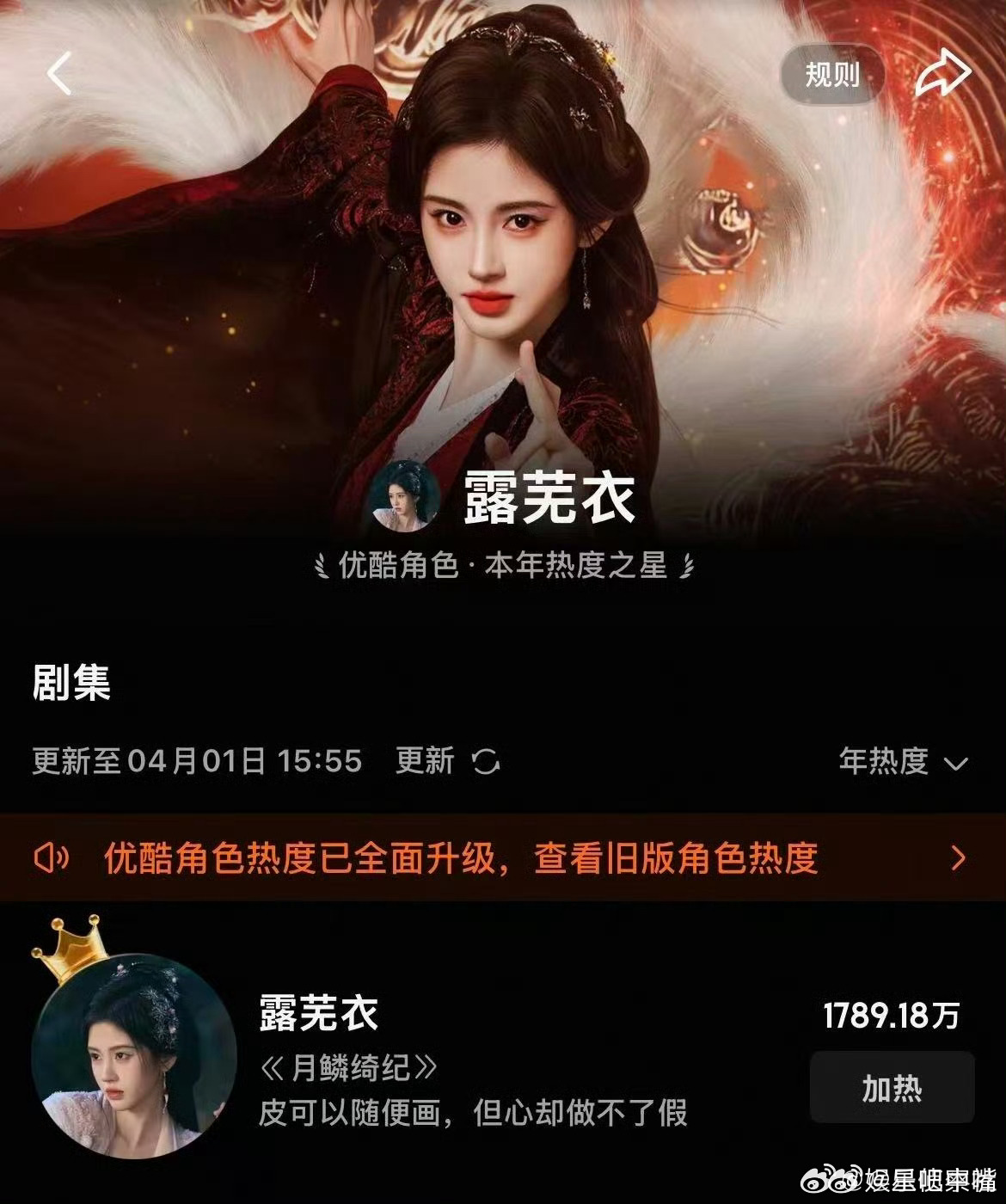 鞠婧祎角色热度优酷年冠鞠婧祎凭《月鳞绮纪》九尾狐露芜衣，拿下优酷年度角色热度年冠