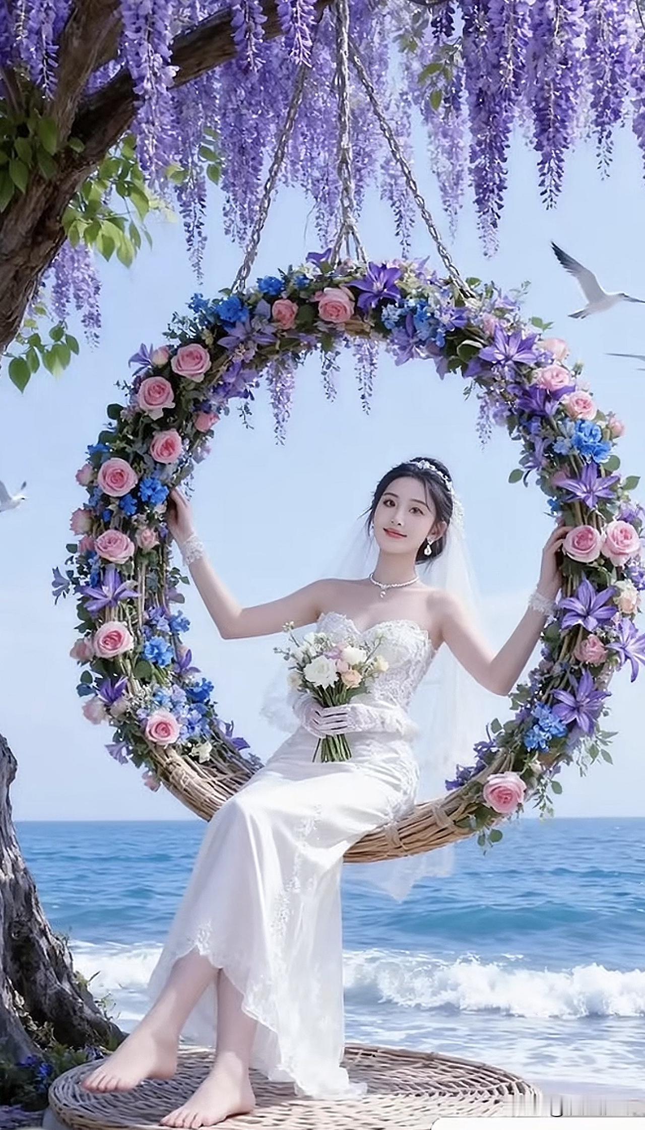 梦幻海边的婚礼花环，浪漫新娘的唯美瞬间海边花环秋千 海边花环姑娘 海边花环梦幻照