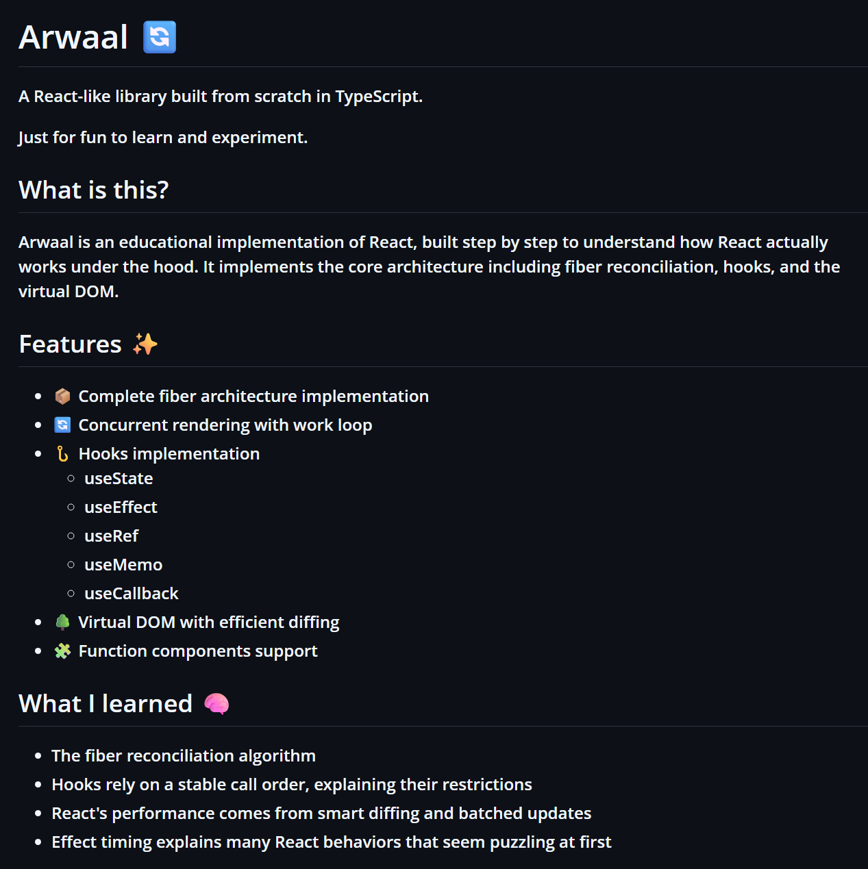 Arwaal 是一个教育性质的 React 实现，通过逐步构建来理解 React