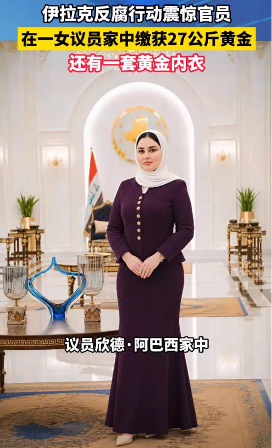 奇葩的女贪官！近日，一位伊拉克女议员被抓了，在她的家中居然搜出一套黄金内衣，此外