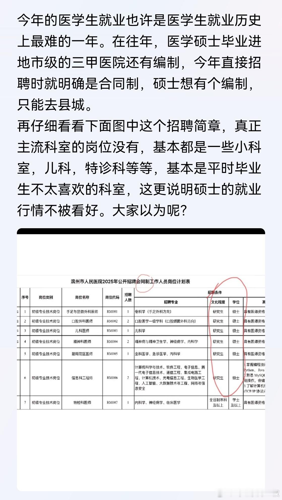 硕士合同制，博士区医院。而且都不是发达地区。当然，今年肯定不是医学生最难就业的一