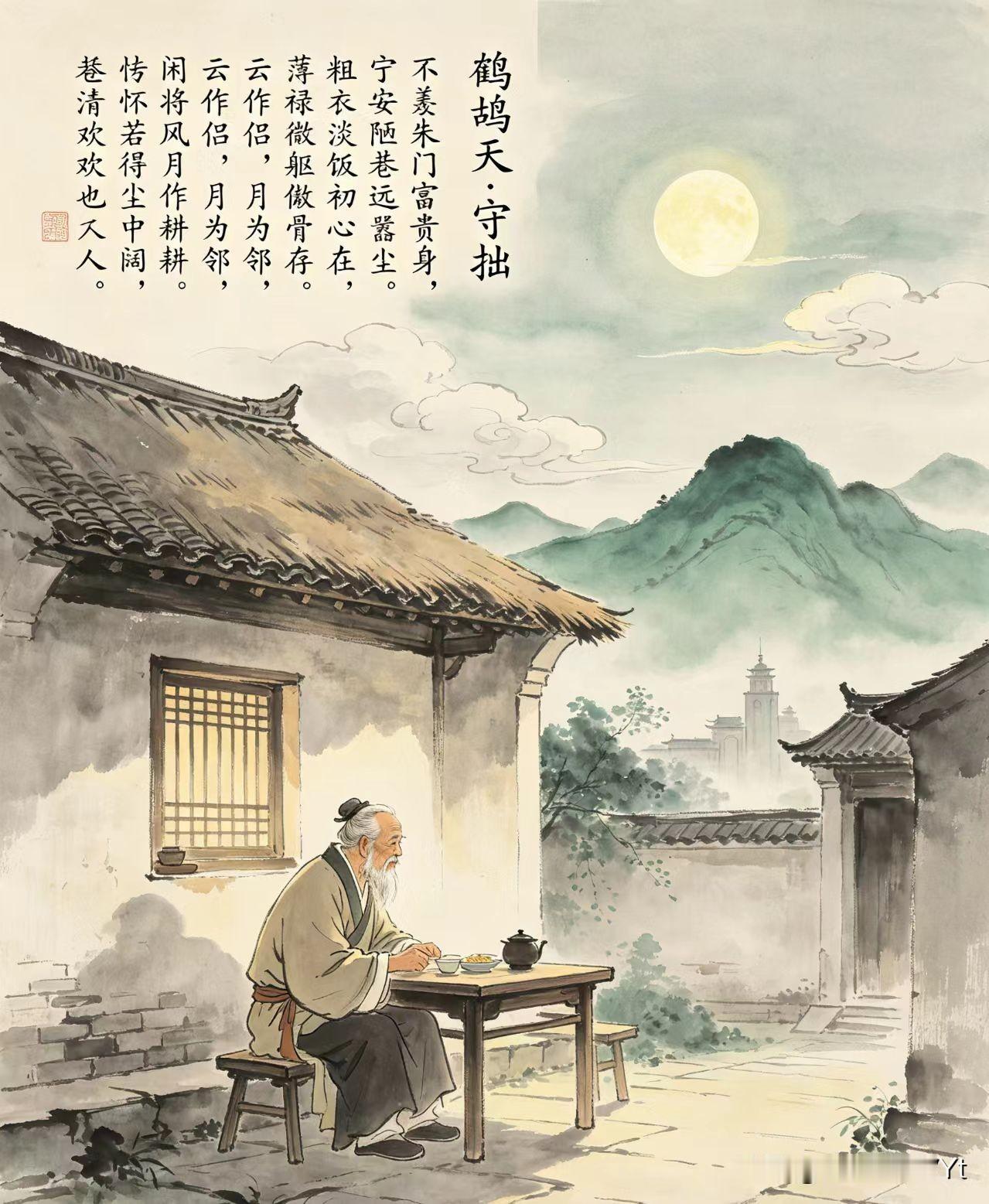 鹧鸪天・守拙

不羡朱门富贵身，宁安陋巷远嚣尘。
粗衣淡饭初心在，薄禄微躯傲骨存
