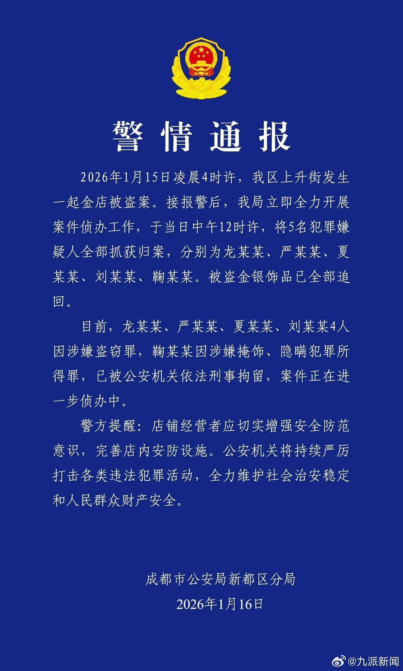 #成都警方通报5人盗窃金店#【#成都5人盗窃金店被刑拘#】2026年1月15日凌