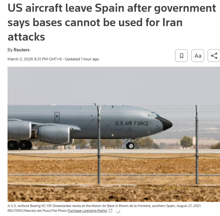 【美国15架军机撤离西班牙，因该国政府表示基地不可用于攻击伊朗】据路透社报道，航