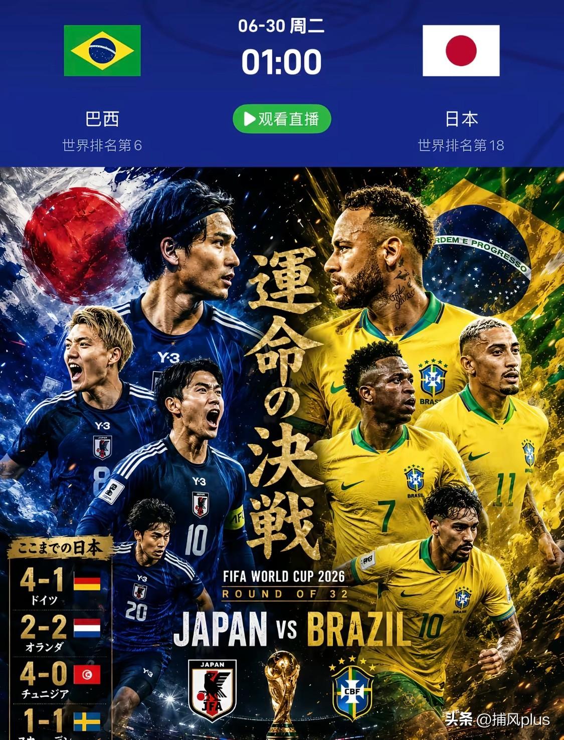 本届世界杯迄今为止最有看点的一场比赛出现了，日本队将迎战巴西队，奇迹会出现吗？几