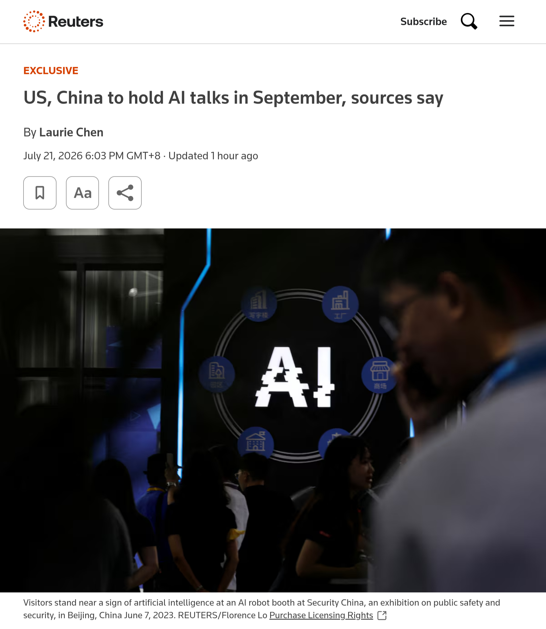 据五位知情人士向路透社透露，美国和中国计划于今年9月举行人工智能会谈，双方正试图