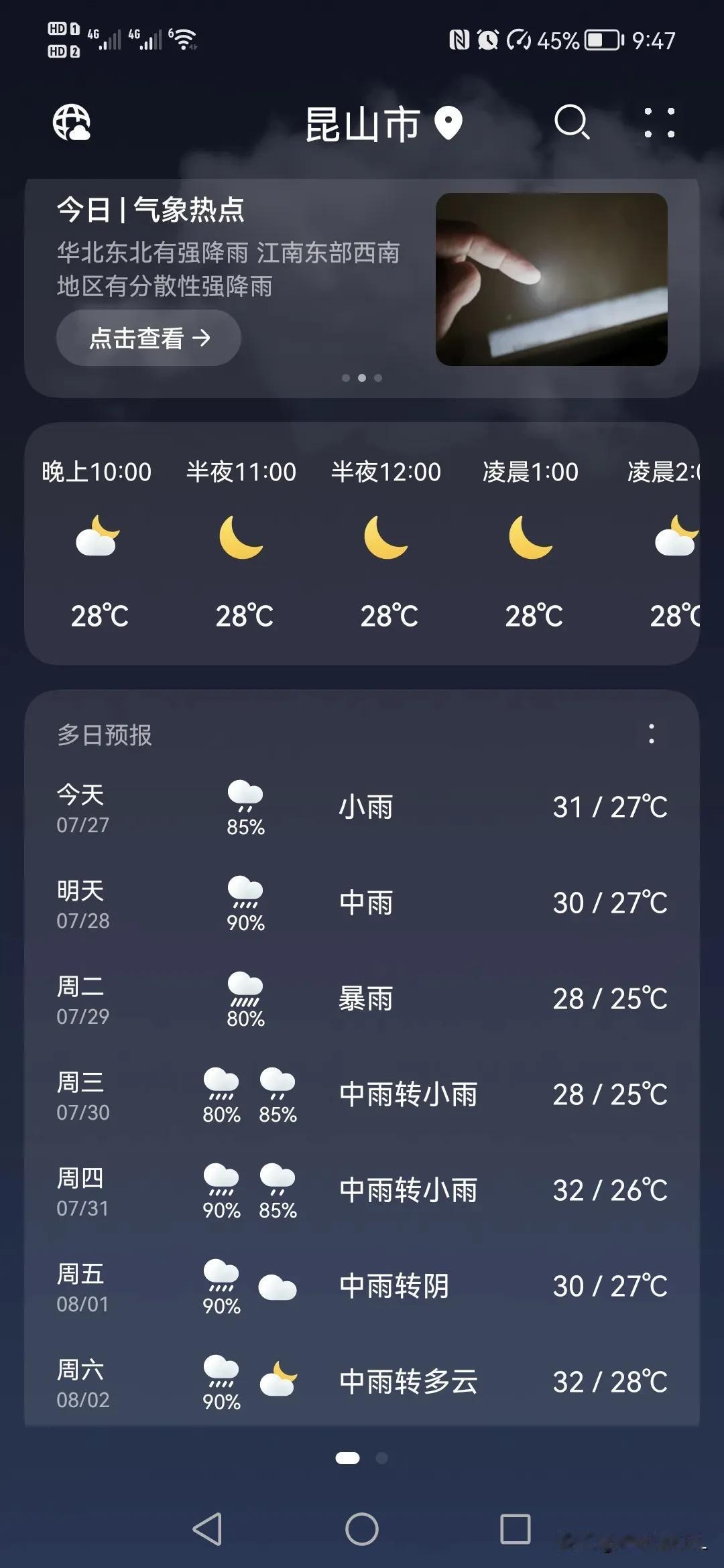 昆山接下来的七天都有雨，出门注意看天气预报，带好雨伞。