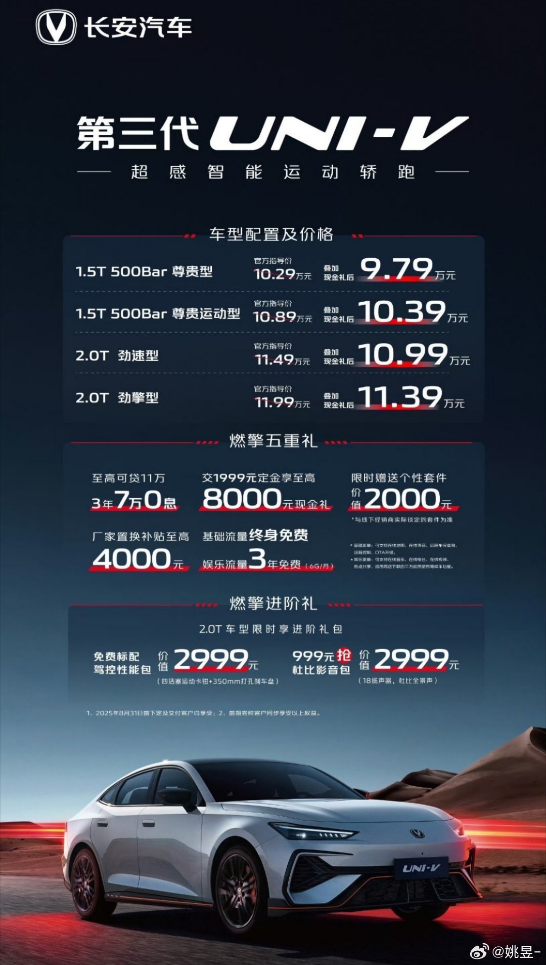 第三代长安UNI-V上市，价格区间9.79-11.39万元去掉了UNI家族标志性