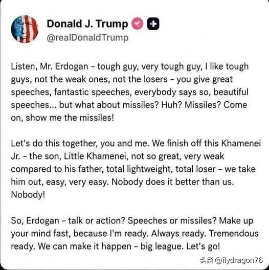 🇺🇸 特朗普继续语出惊人

在最新声明中，他呼吁土耳其总统埃尔多安与美国联合