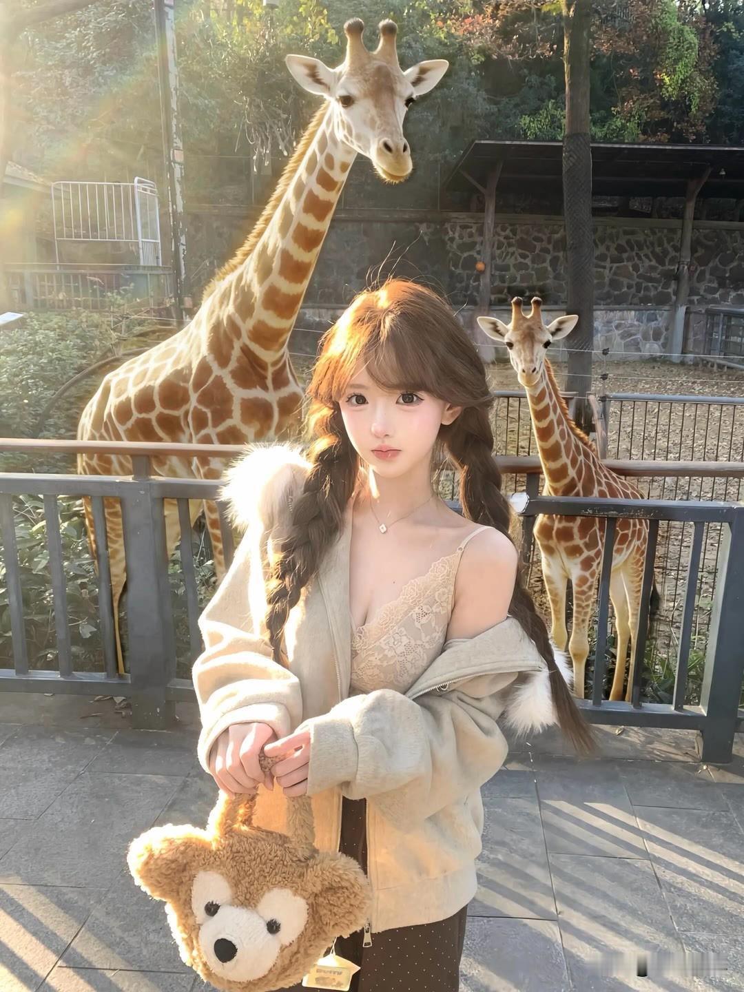 与长颈鹿的亲密合影，萌妹子和毛绒熊的可爱时光长脖子长颈鹿