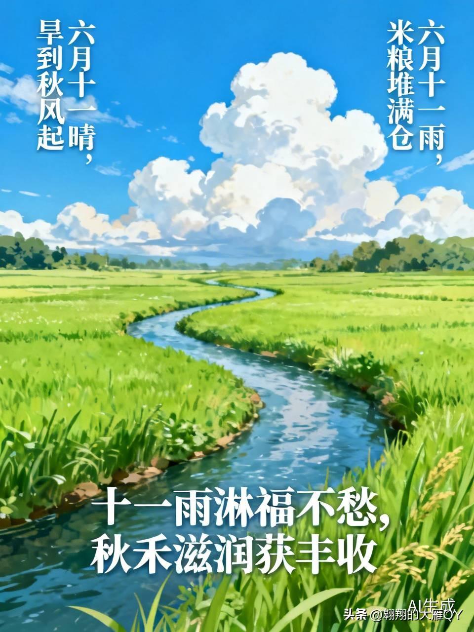 今天是六月十一民间俗语有
1. 六月十一晴，一直旱到秋风起；六月十一雨，要是下雨