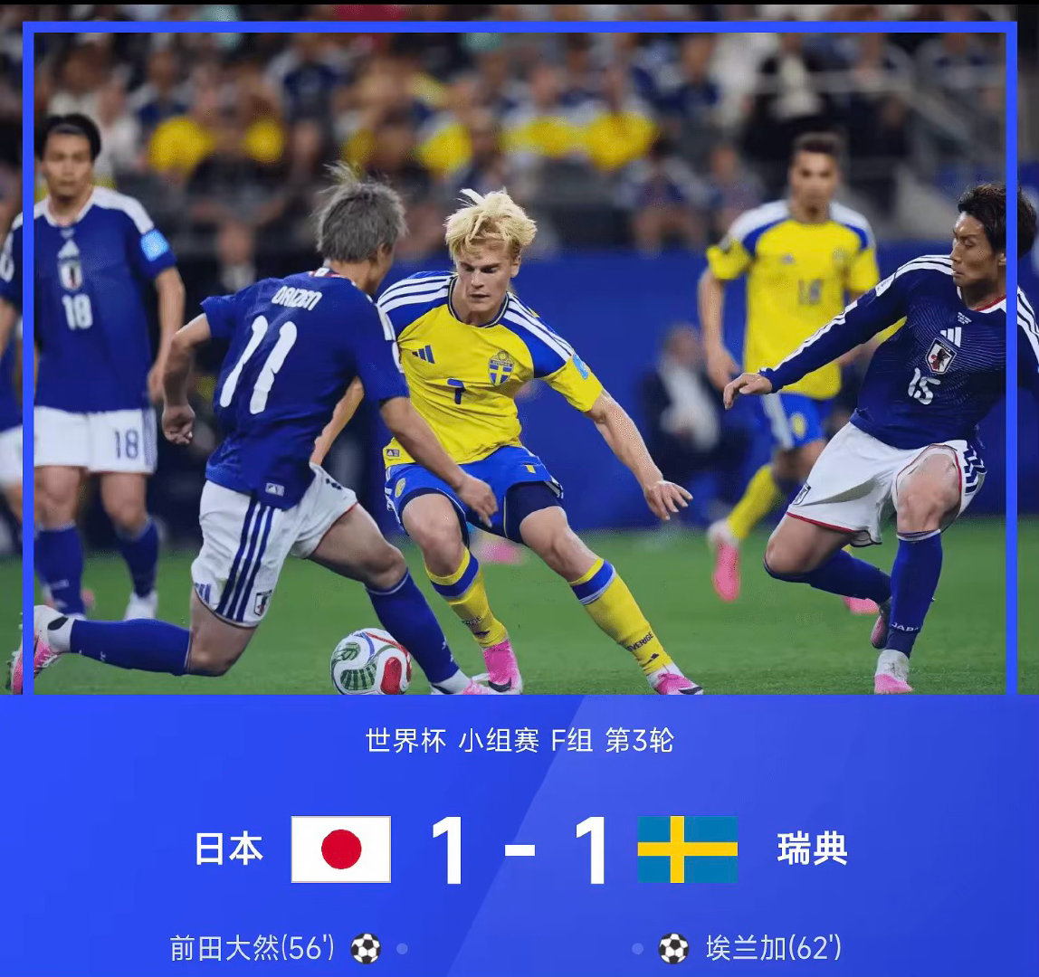 美加墨世界杯第3轮，日本1-1战平瑞典。上半场场面比较平淡，双方主力中后卫板仓滉