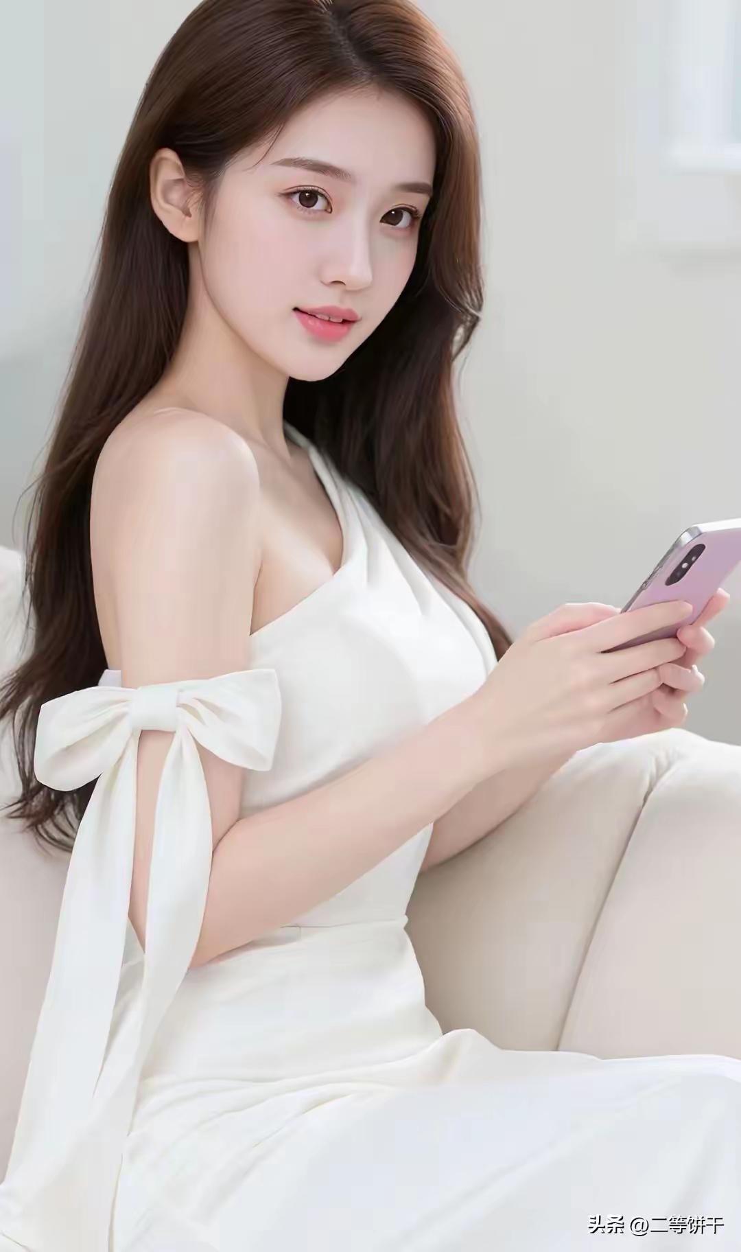 温柔甜美的白裙少女，沉浸在手机的美好世界。