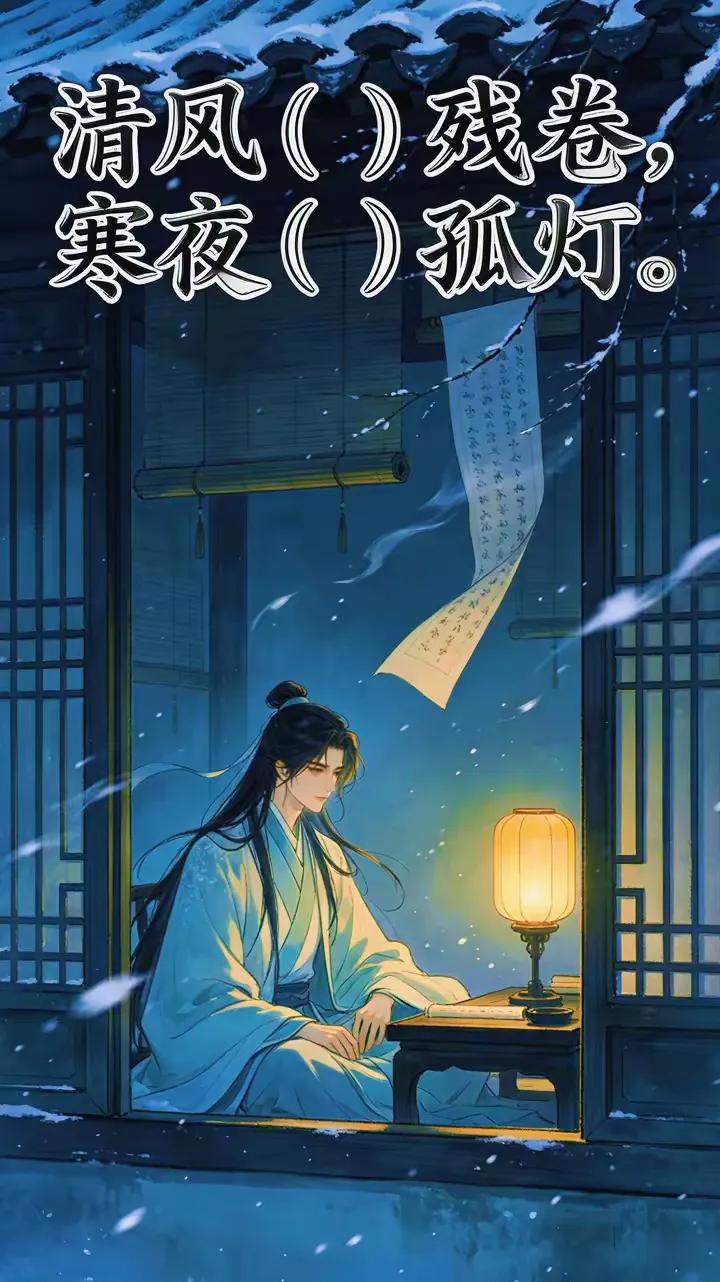 清风吹残卷，
寒夜伴孤灯。
横批：《夜读》