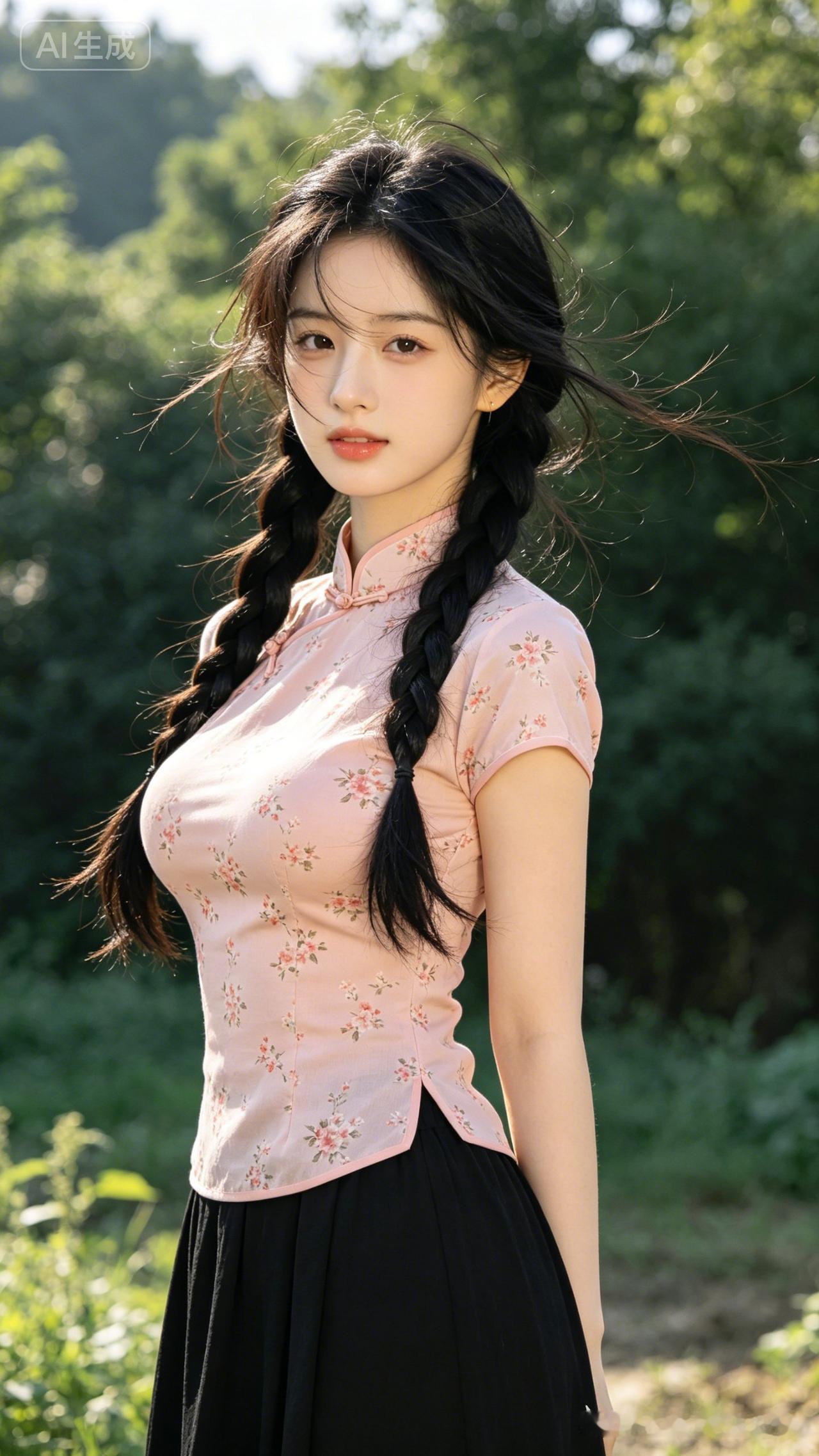 19岁江南少女，黑长发编双麻花辫，浅粉碎花衫配黑长裙。乡村绿荫场景，柔光侧光交织
