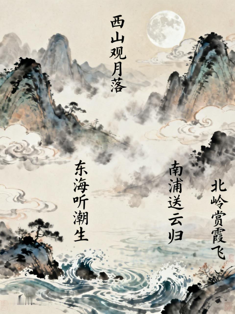 “西山观月落”这上联太妙了，画面感十足，还暗藏人生哲理。我来对几幅下联。
“东海