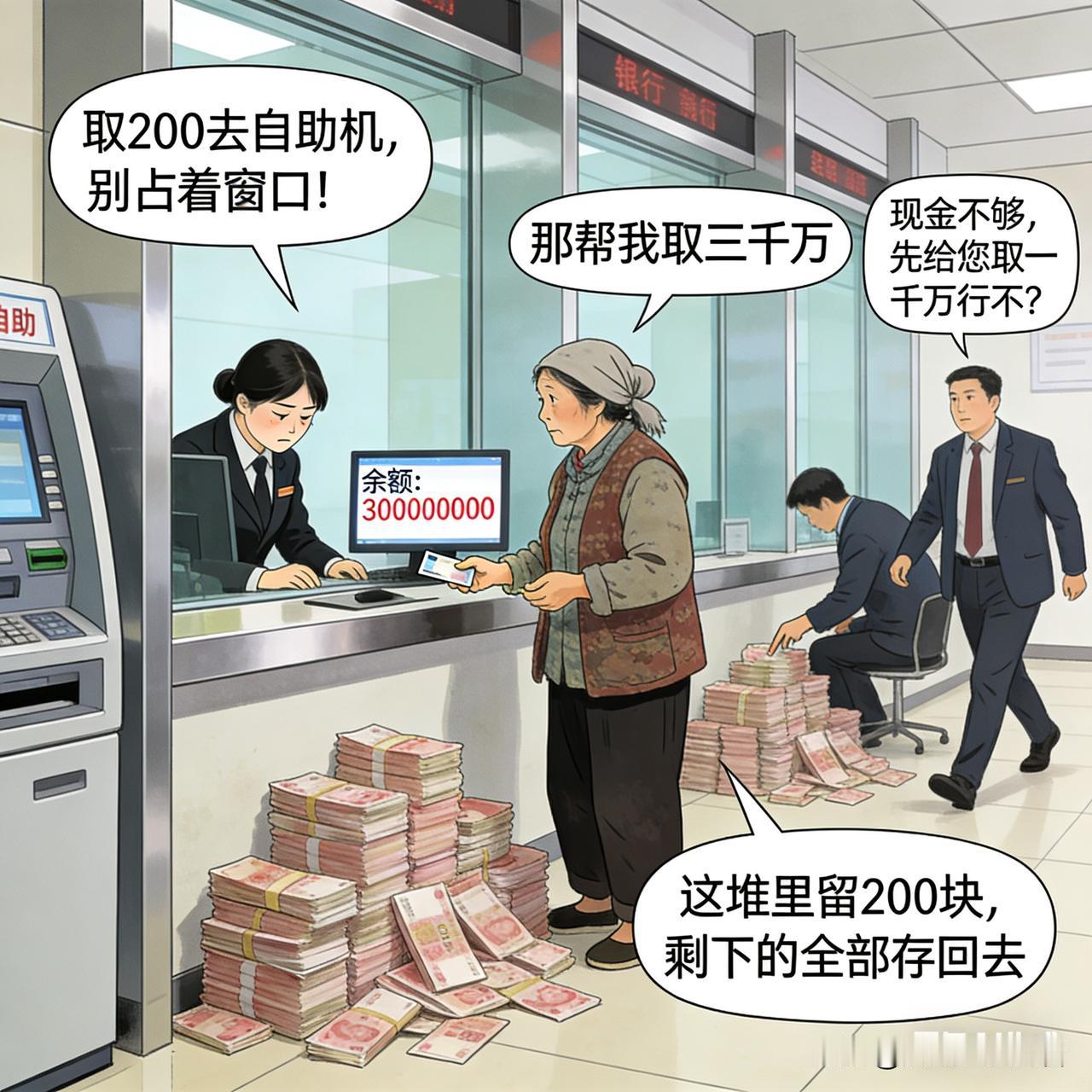 200块的教训

一个打扮土气的农村大姐，去银行取200块。

柜员头都没抬，一