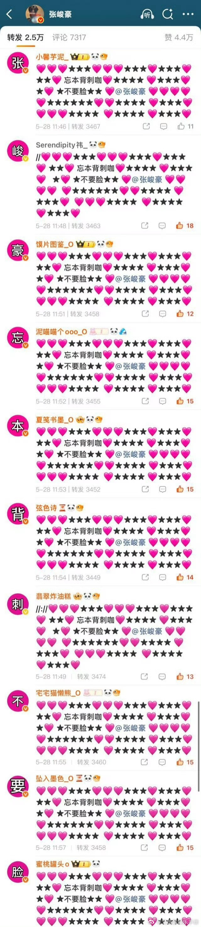 张子墨粉丝在张峻豪转发区排字
